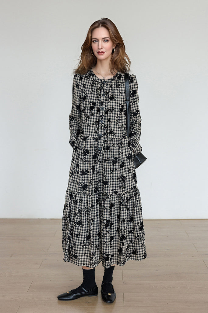 Fibflx Women's Tiered Long-Sleeve Button-Down A-Line Gingham Midi Dress