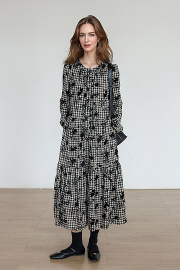 Fibflx Women's Tiered Long-Sleeve Button-Down A-Line Gingham Midi Dress