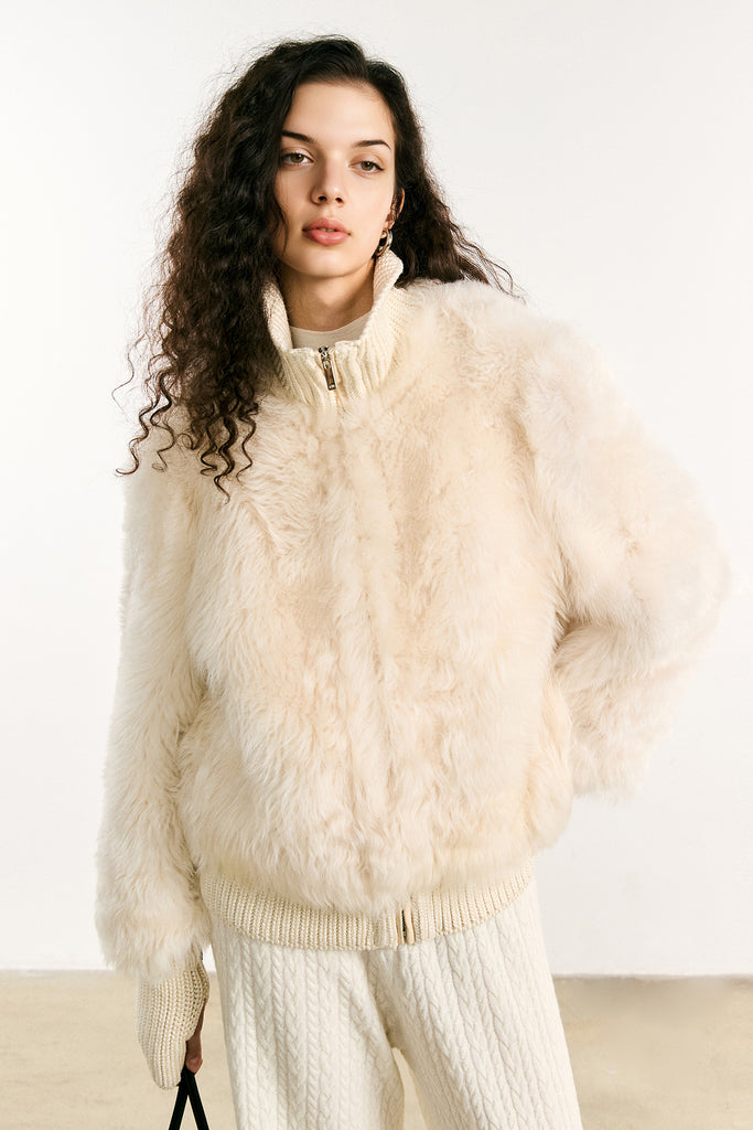 Toscana Shearling Spanish Sheepskin Bomber Jacket with Wool Knit Collar Beige / M / • 100% Toscana Shearling • Collar: 35% Fibflx