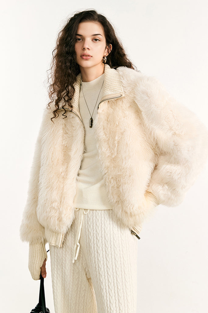 Toscana Shearling Spanish Sheepskin Bomber Jacket with Wool Knit Collar  Fibflx