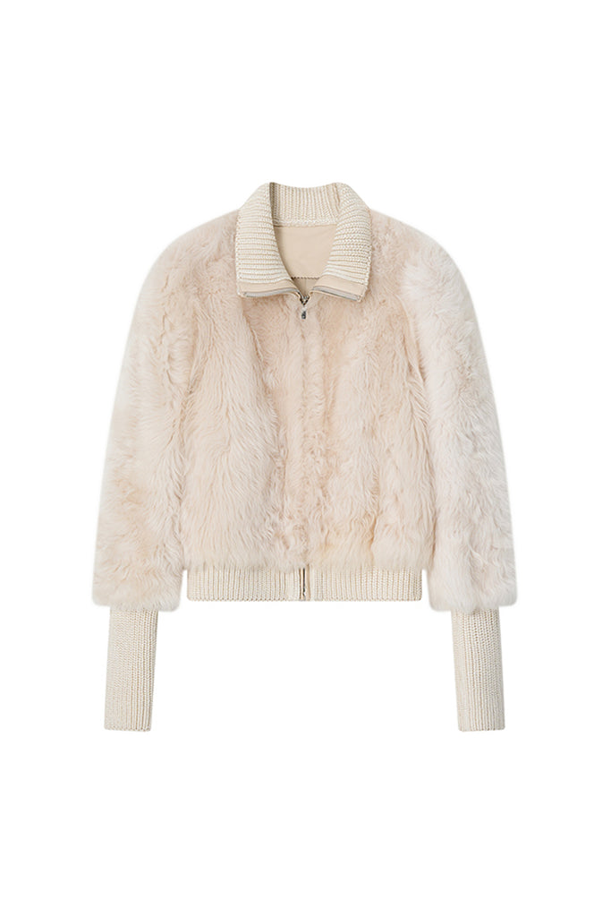 Toscana Shearling Spanish Sheepskin Bomber Jacket with Wool Knit Collar  Fibflx