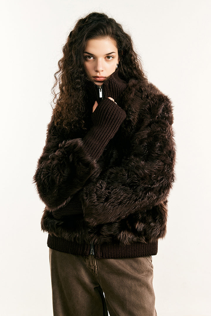 Toscana Shearling Spanish Sheepskin Bomber Jacket with Wool Knit Collar Coconut Brown / M / • 100% Toscana Shearling • Col Fibflx