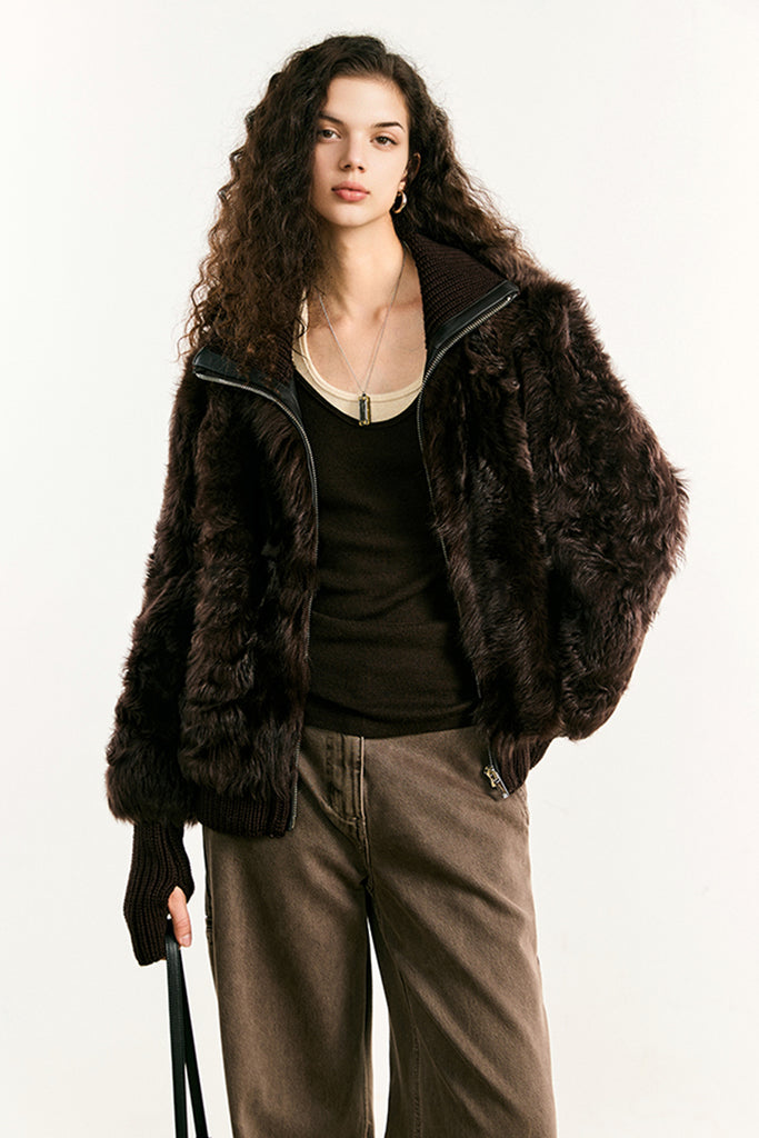 Toscana Shearling Spanish Sheepskin Bomber Jacket with Wool Knit Collar  Fibflx