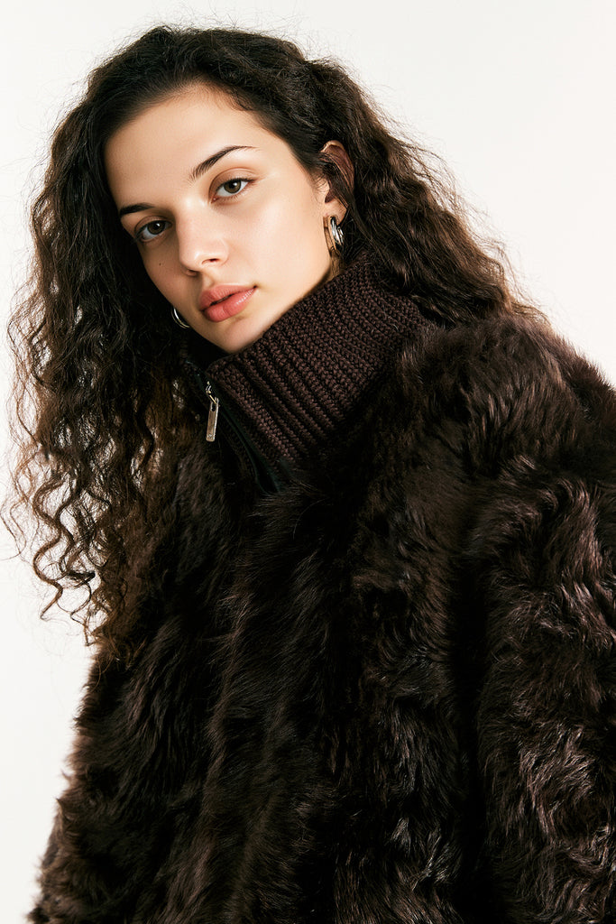 Toscana Shearling Spanish Sheepskin Bomber Jacket with Wool Knit Collar  Fibflx