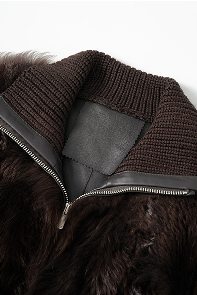 Toscana Shearling Spanish Sheepskin Bomber Jacket with Wool Knit Collar  Fibflx