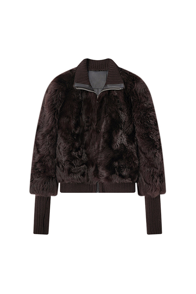 Toscana Shearling Spanish Sheepskin Bomber Jacket with Wool Knit Collar  Fibflx