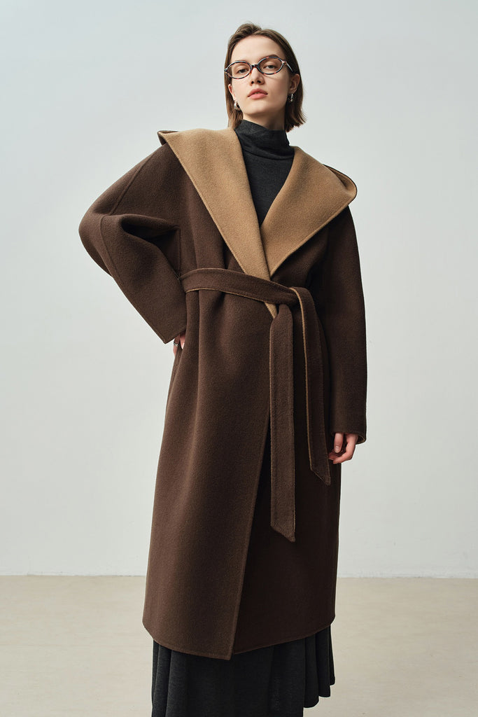 Two-Tone Hooded Wool-Cashmere Long Wrap Coat  Fibflx