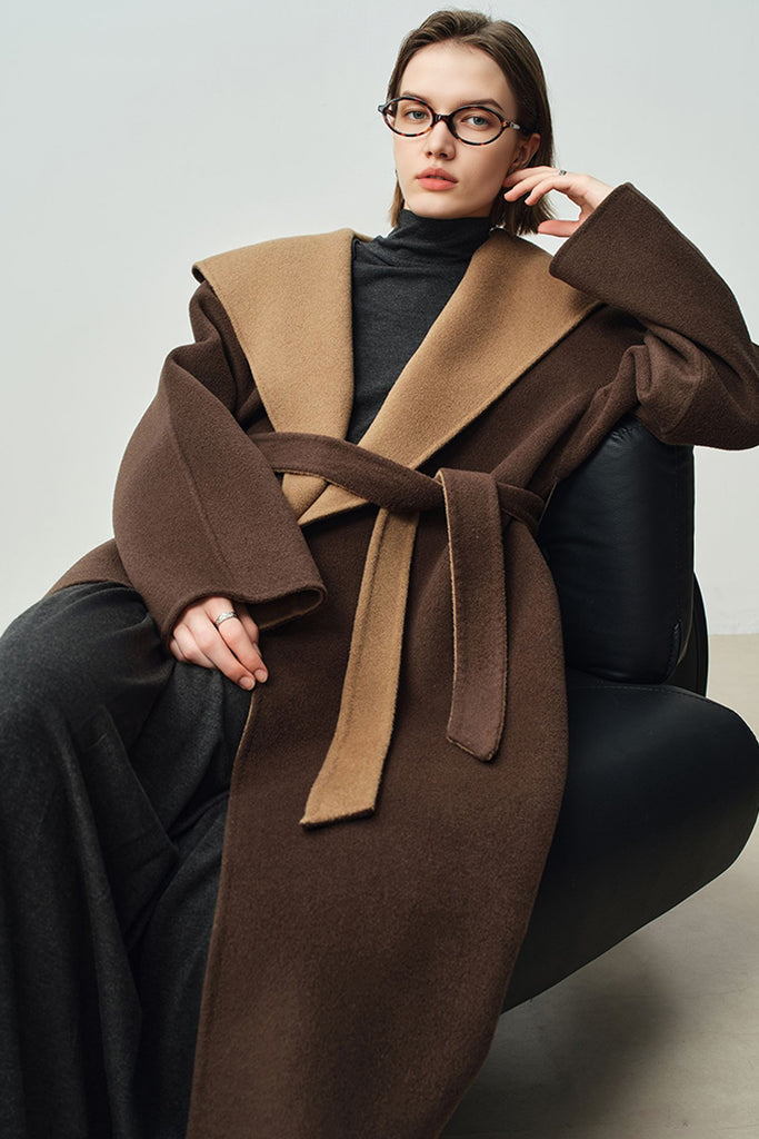 Two-Tone Hooded Wool-Cashmere Long Wrap Coat  Fibflx