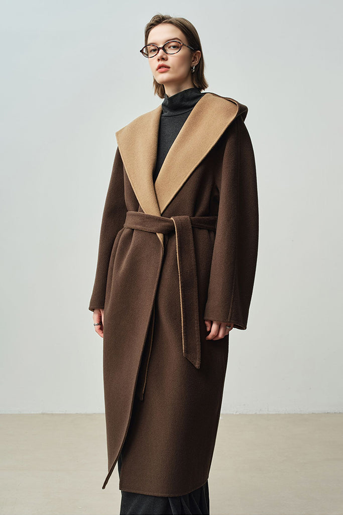 Two-Tone Hooded Wool-Cashmere Long Wrap Coat  Fibflx