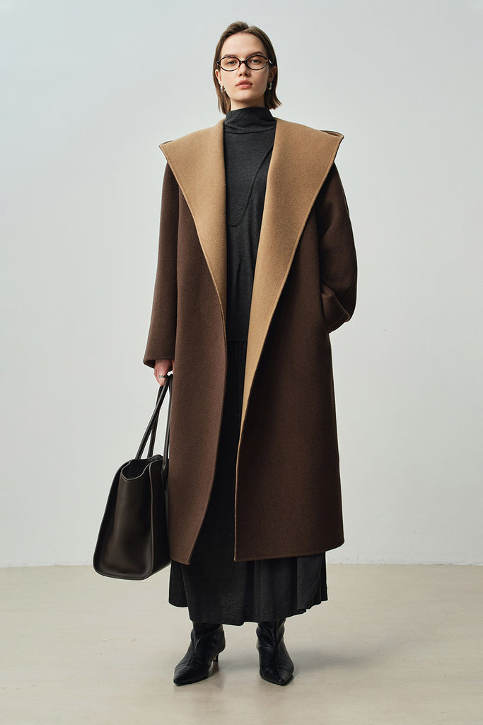 Two-Tone Hooded Wool-Cashmere Long Wrap Coat  Fibflx