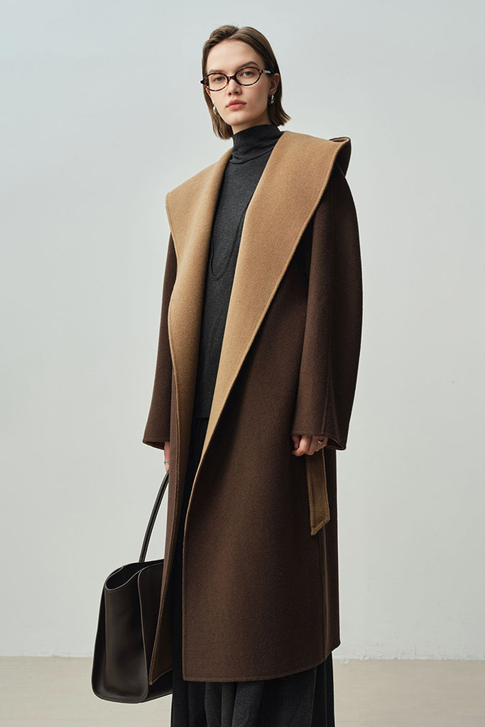 Two-Tone Hooded Wool-Cashmere Long Wrap Coat  Fibflx