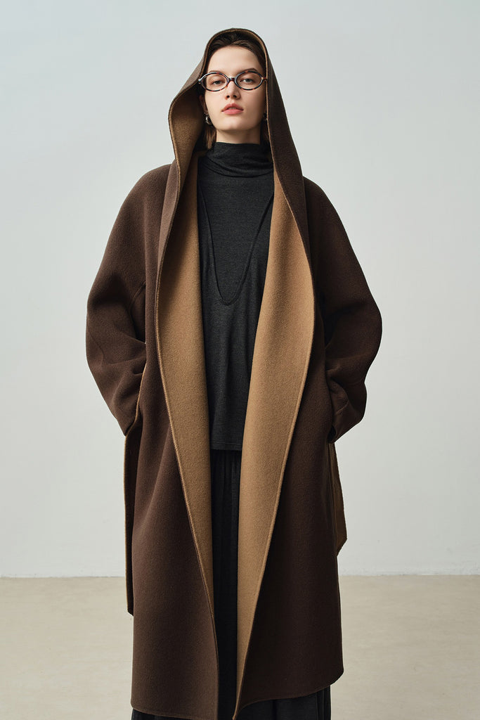 Two-Tone Hooded Wool-Cashmere Long Wrap Coat  Fibflx