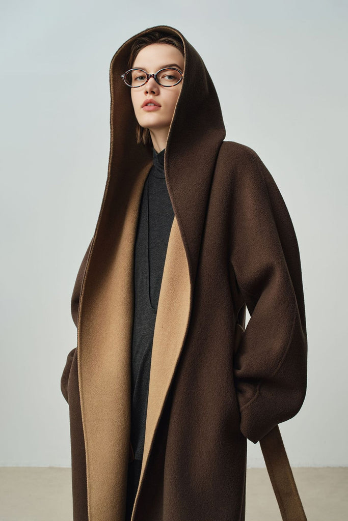 Two-Tone Hooded Wool-Cashmere Long Wrap Coat  Fibflx