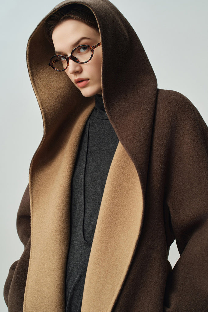 Two-Tone Hooded Wool-Cashmere Long Wrap Coat  Fibflx