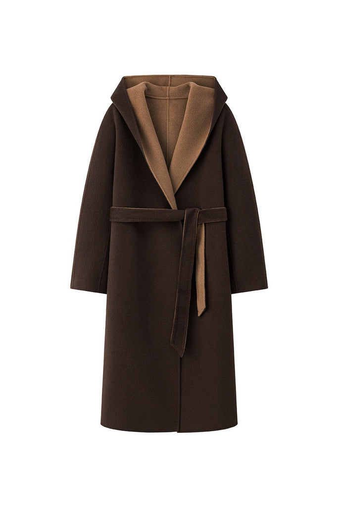 Two-Tone Hooded Wool-Cashmere Long Wrap Coat  Fibflx
