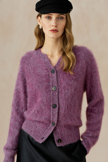 Ultra-Soft Brushed Cashmere Marled Button-Up Cardigan - Fibflx