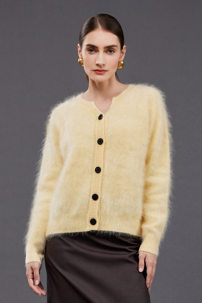 Ultrafine Brushed Cashmere Crewneck Cardigan Daffodil Yellow / M / 100% Cashmere (Weight: 335g  Fibflx