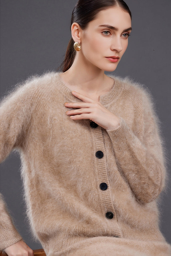 Ultrafine Brushed Cashmere Crewneck Cardigan  Fibflx