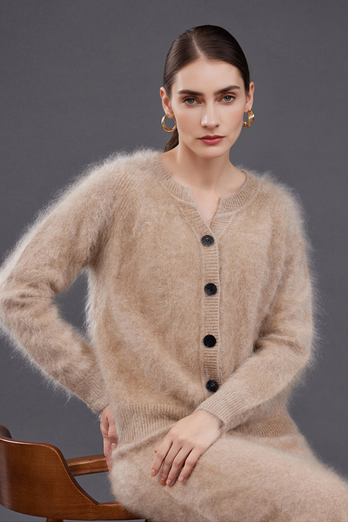 Ultrafine Brushed Cashmere Crewneck Cardigan  Fibflx