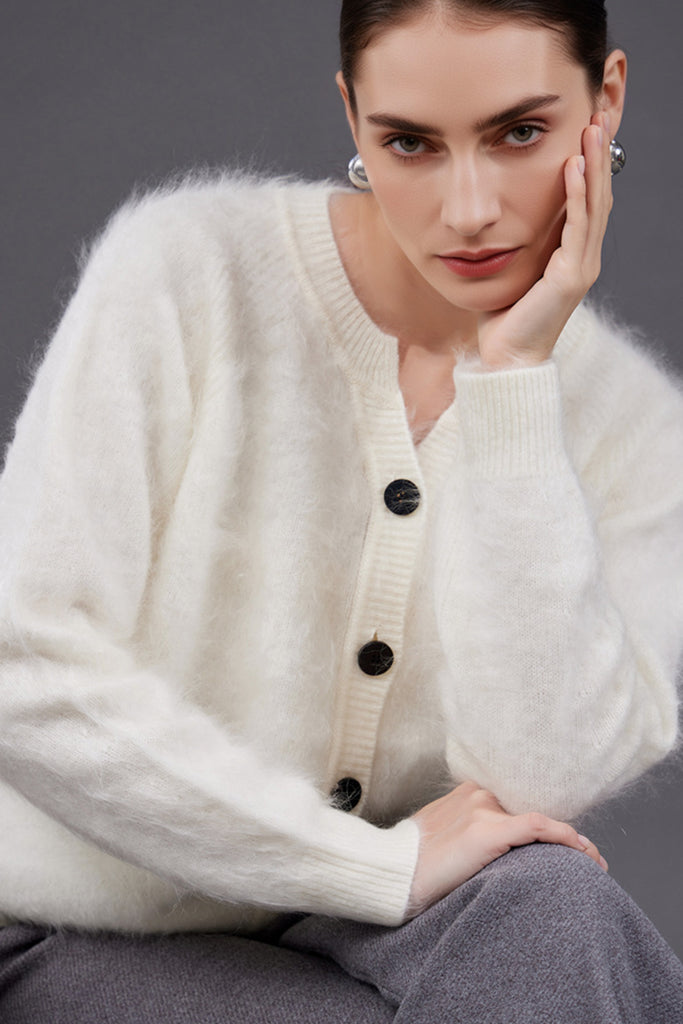 Ultrafine Brushed Cashmere Crewneck Cardigan  Fibflx