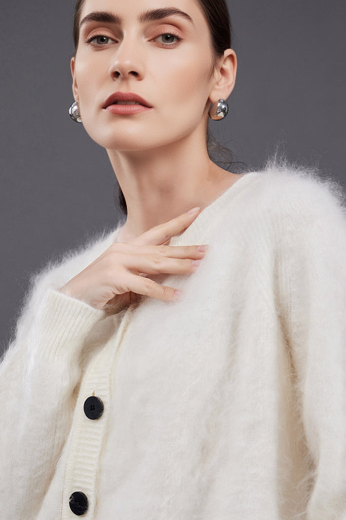 Ultrafine Brushed Cashmere Crewneck Cardigan  Fibflx