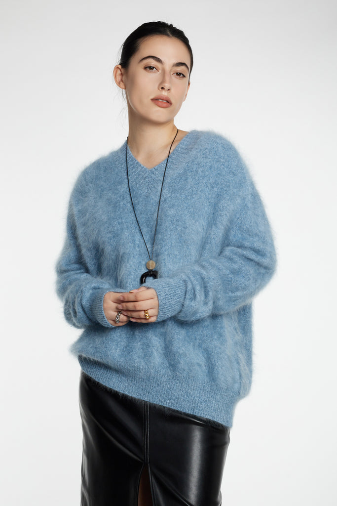 Ultrafine Brushed Cashmere V-Neck Sweater Celestial Blue / L / 100% Cashmere (Weight: 400g ( Fibflx