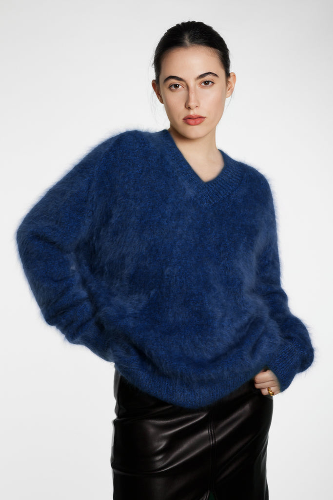 Ultrafine Brushed Cashmere V-Neck Sweater Mid Night Blue / L / 100% Cashmere (Weight: 400g ( Fibflx