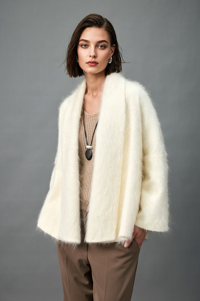 Ultrafine Handcrafted Bruhshed Cashmere Short Wrap Coat White / XL Fibflx