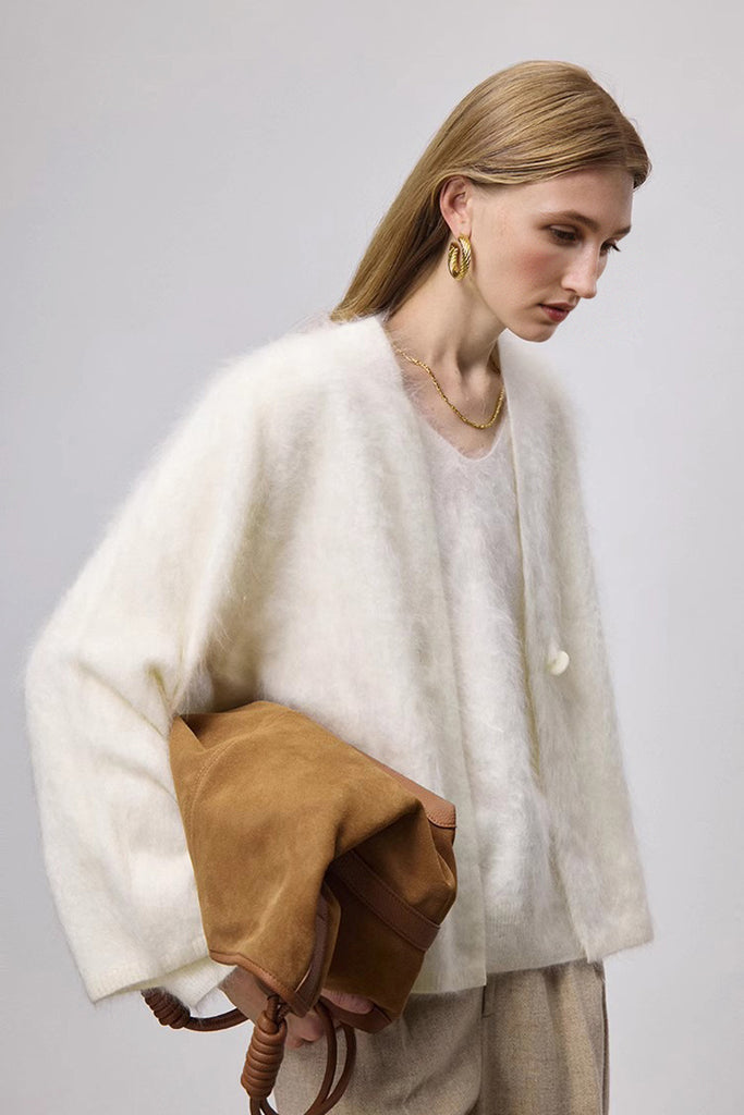 Ultrafine One-Button Brushed Cashmere Cardigan  Fibflx