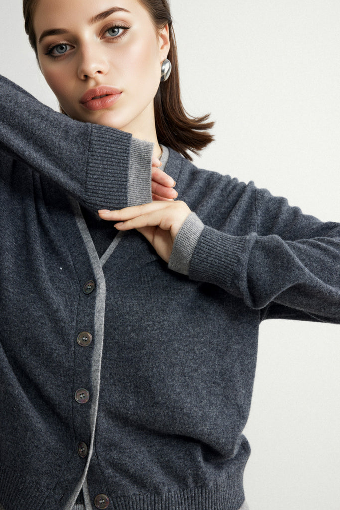 Ultrafine Wool V-Neck Double-Layer Trim Cardigan - Fibflx
