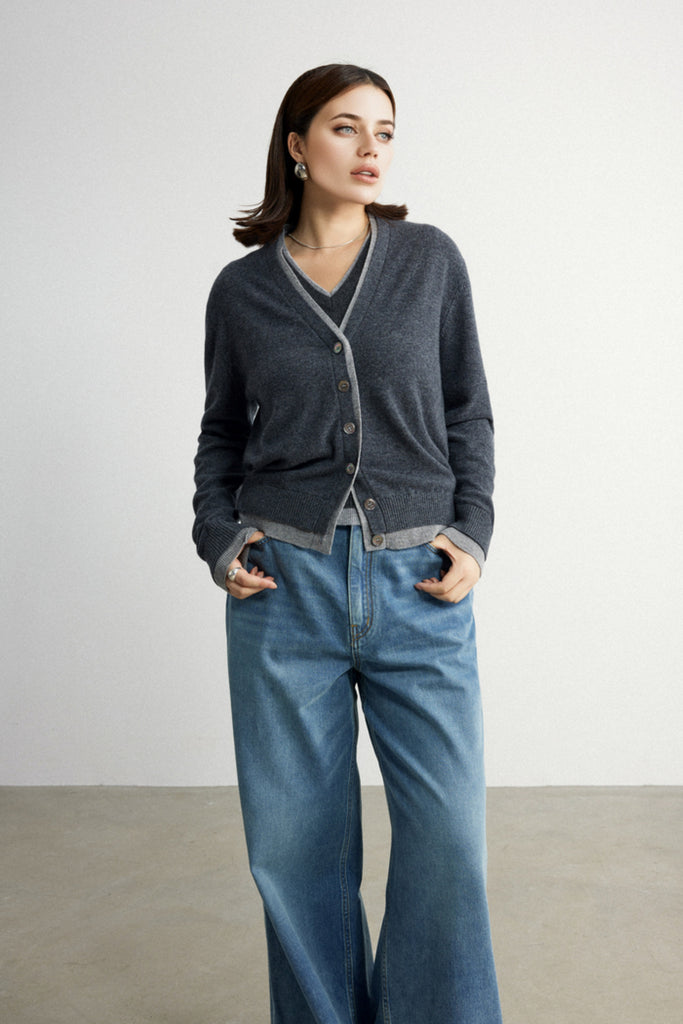 Ultrafine Wool V-Neck Double-Layer Trim Cardigan  Fibflx
