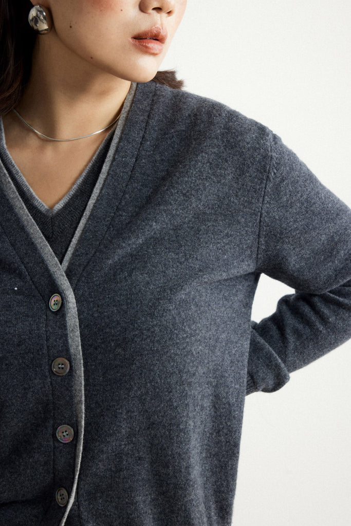 Ultrafine Wool V-Neck Double-Layer Trim Cardigan  Fibflx