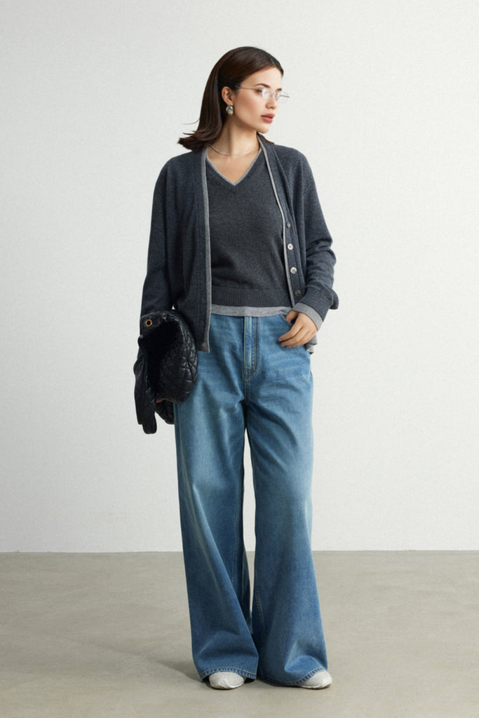 Ultrafine Wool V-Neck Double-Layer Trim Cardigan  Fibflx