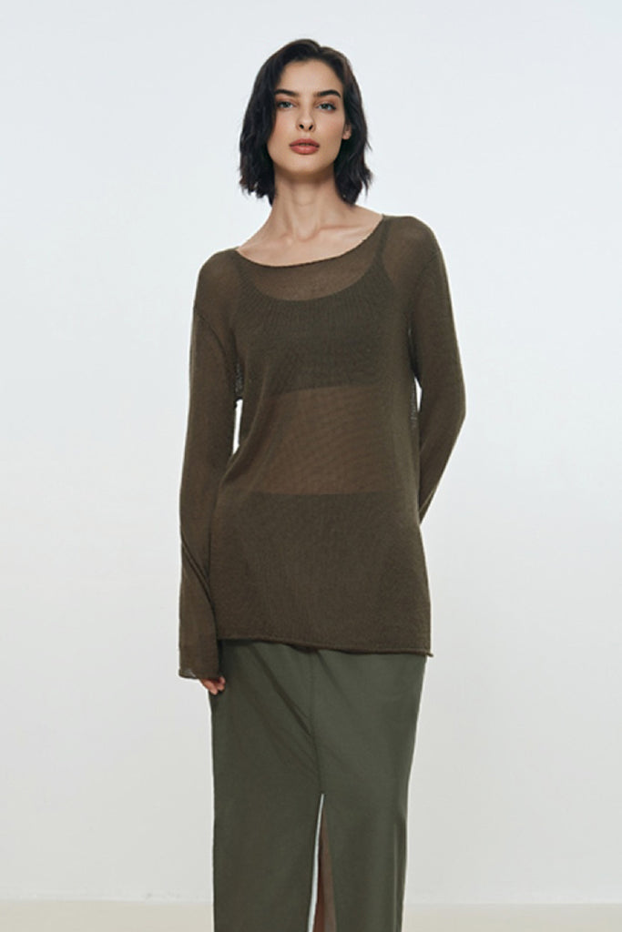 Ultralight Sheer Silk-Cashmere Long Sleeve Top  Fibflx