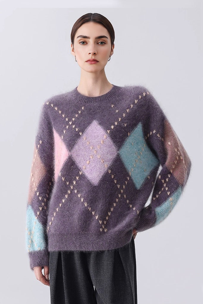 Ultrasoft Brushed Cashmere Hand-Embroidered Argyle Sweater  Fibflx