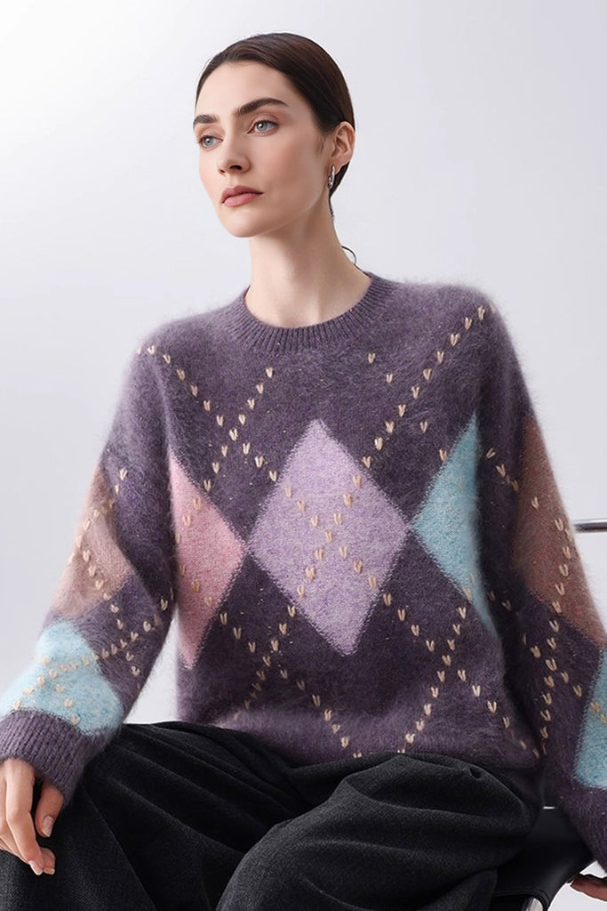 Ultrasoft Brushed Cashmere Hand-Embroidered Argyle Sweater  Fibflx