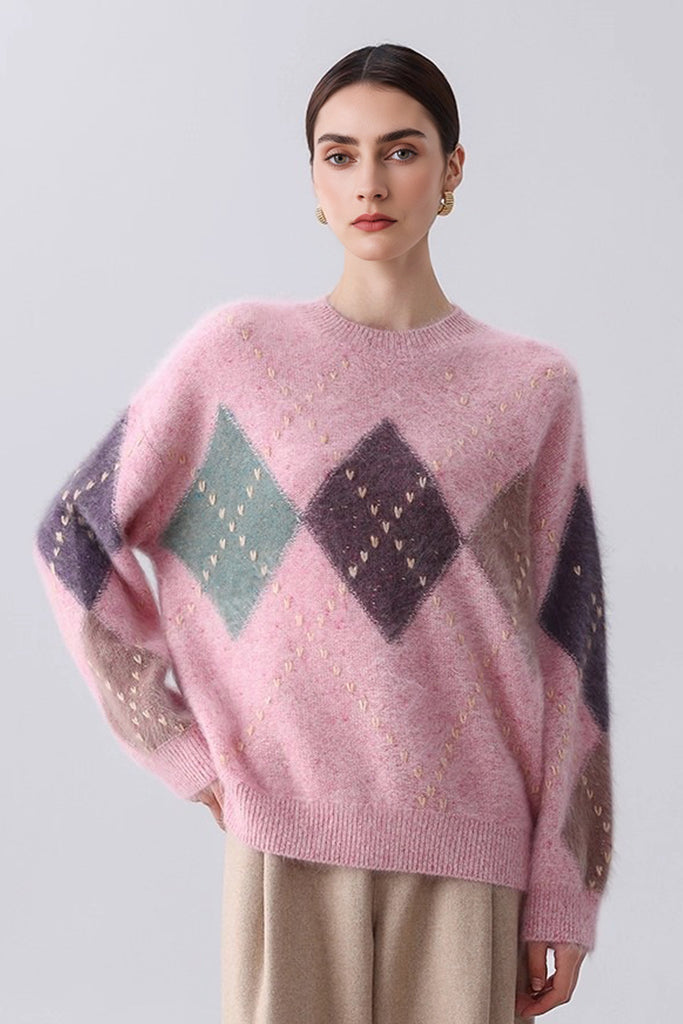 Ultrasoft Brushed Cashmere Hand-Embroidered Argyle Sweater  Fibflx
