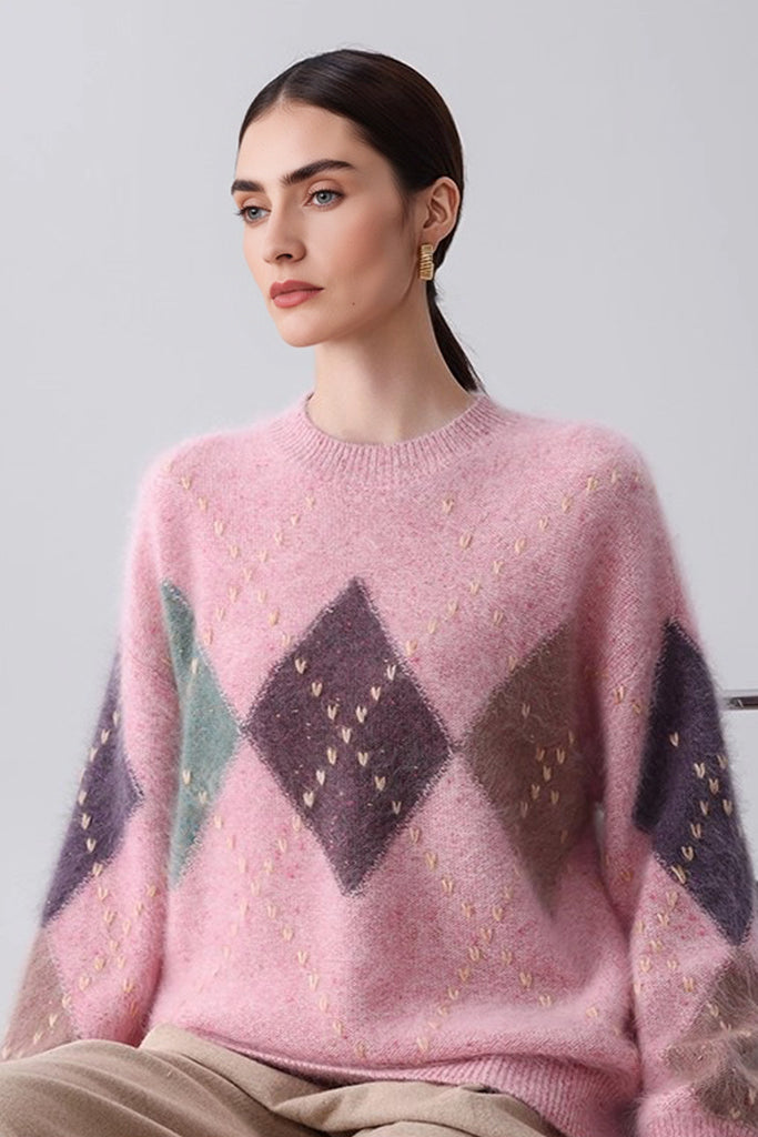 Ultrasoft Brushed Cashmere Hand-Embroidered Argyle Sweater  Fibflx