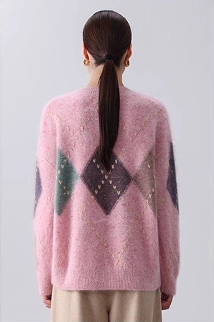 Ultrasoft Brushed Cashmere Hand-Embroidered Argyle Sweater  Fibflx