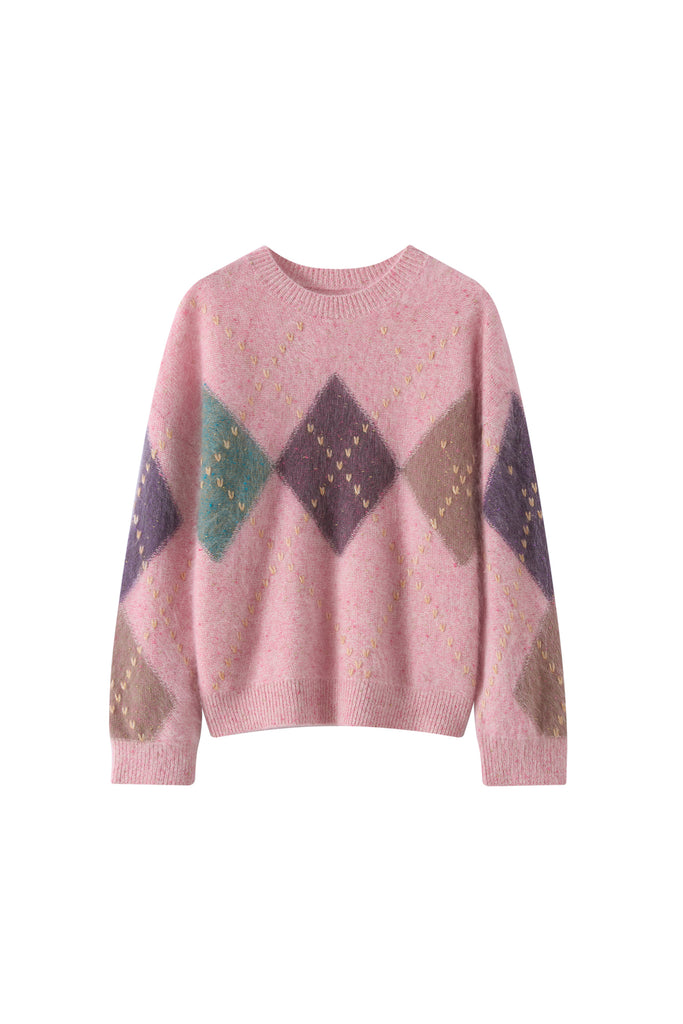 Ultrasoft Brushed Cashmere Hand-Embroidered Argyle Sweater  Fibflx