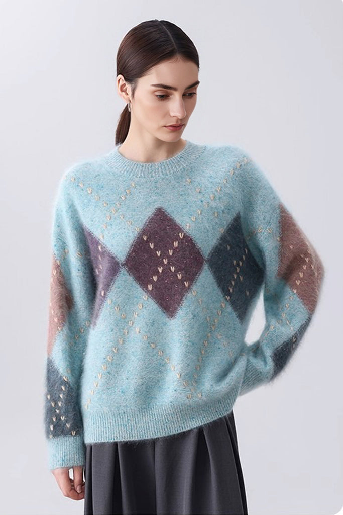 Ultrasoft Brushed Cashmere Hand-Embroidered Argyle Sweater  Fibflx