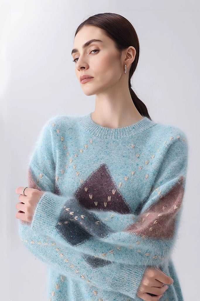 Ultrasoft Brushed Cashmere Hand-Embroidered Argyle Sweater  Fibflx