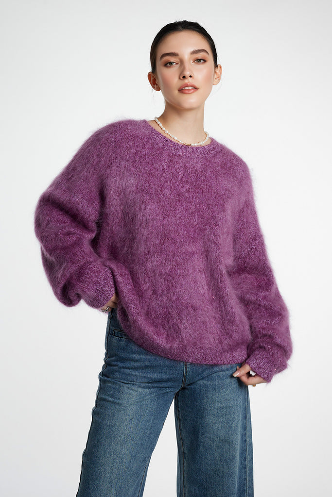 Ultrasoft Brushed Cashmere Sequined Marled Crewneck Sweater Spring Purple / L / 100% Cashmere (Weight: 398g (± Fibflx
