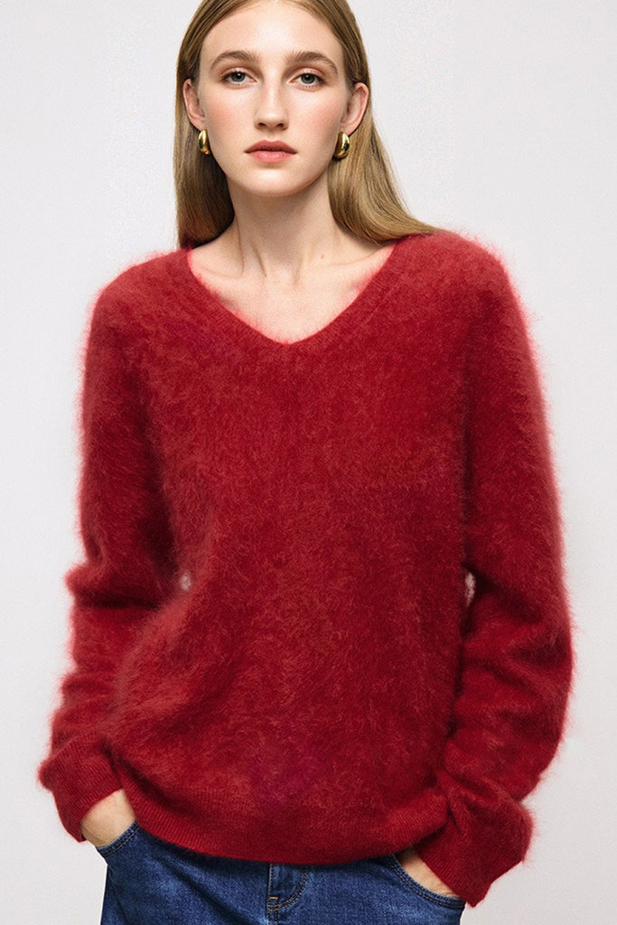 Ultrasoft Brushed Cashmere V-Neck Pullover Sweater L / Brick Red / 100% Cashmere (Weight: 255g (±20g) Fibflx