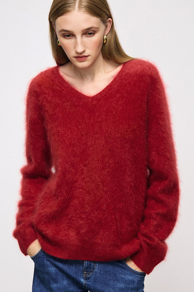 Ultrasoft Brushed Cashmere V-Neck Pullover Sweater  Fibflx