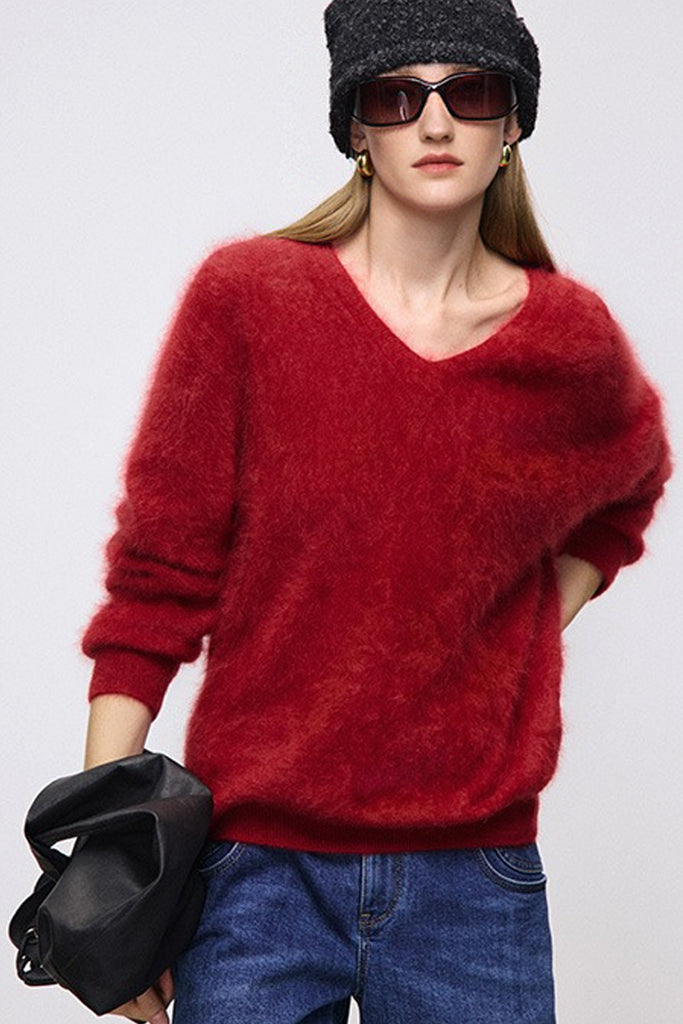 Ultrasoft Brushed Cashmere V-Neck Pullover Sweater  Fibflx