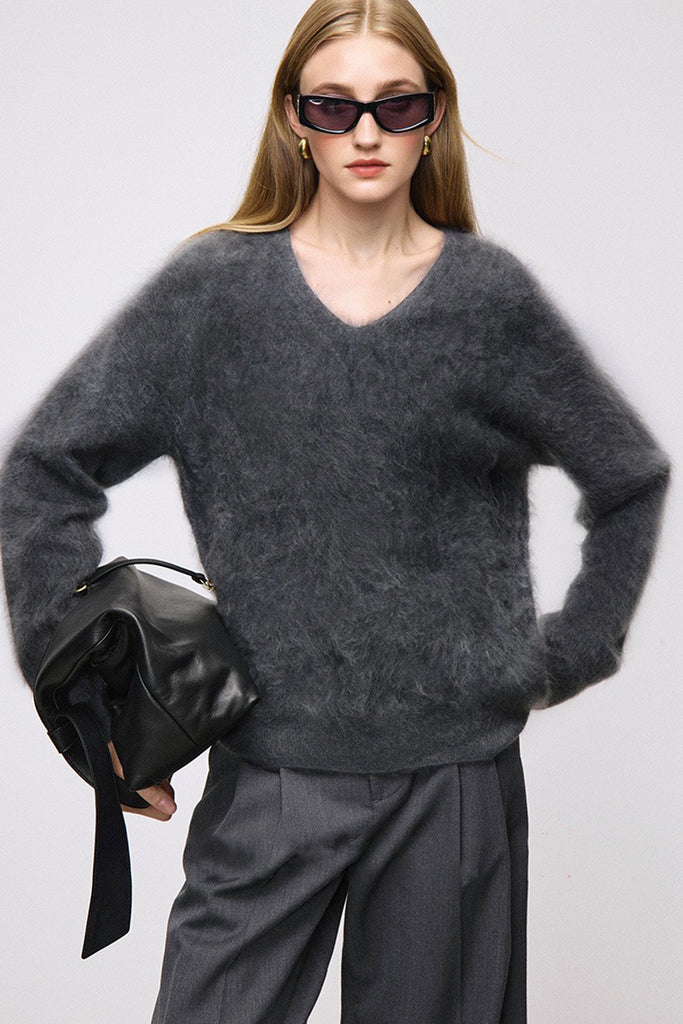 Ultrasoft Brushed Cashmere V-Neck Pullover Sweater  Fibflx