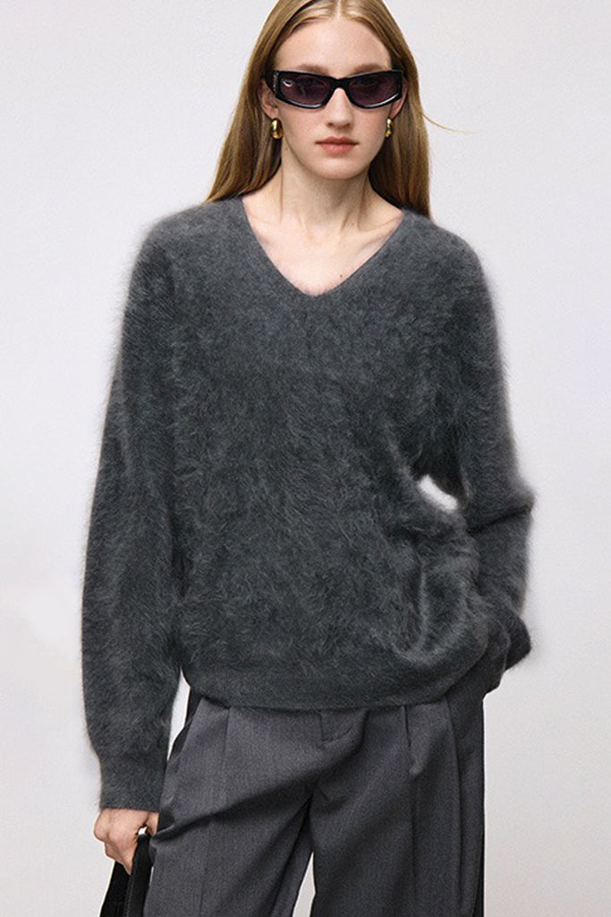 Ultrasoft Brushed Cashmere V-Neck Pullover Sweater  Fibflx