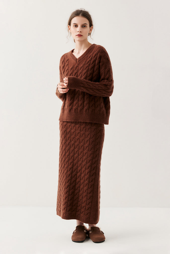 Ultrasoft Cashmere-Merino Cable Knit Maxi Sweater Skirt  Fibflx