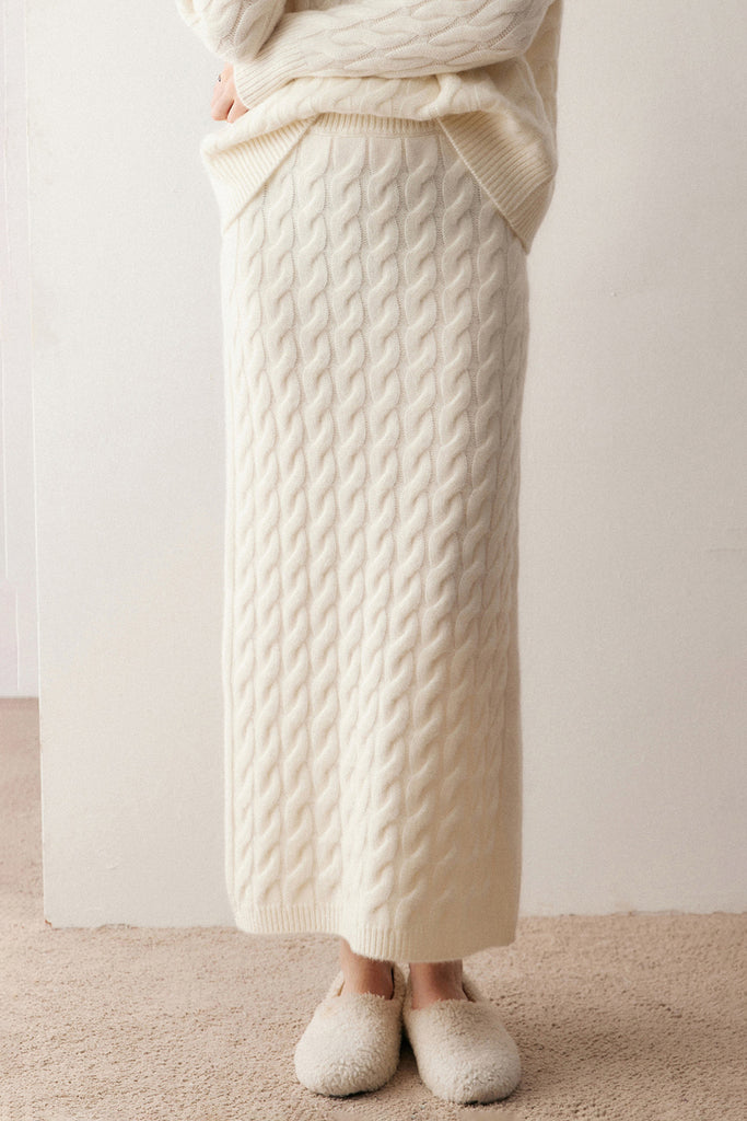 Ultrasoft Cashmere-Merino Cable Knit Maxi Sweater Skirt  Fibflx